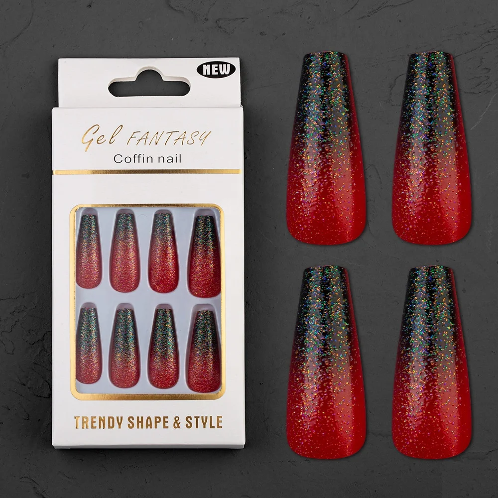 

24pcs/box Black Gradient Glitter Ballet Nails Wearing False Nail Coffin Press on Fake Nail, Multiple colour