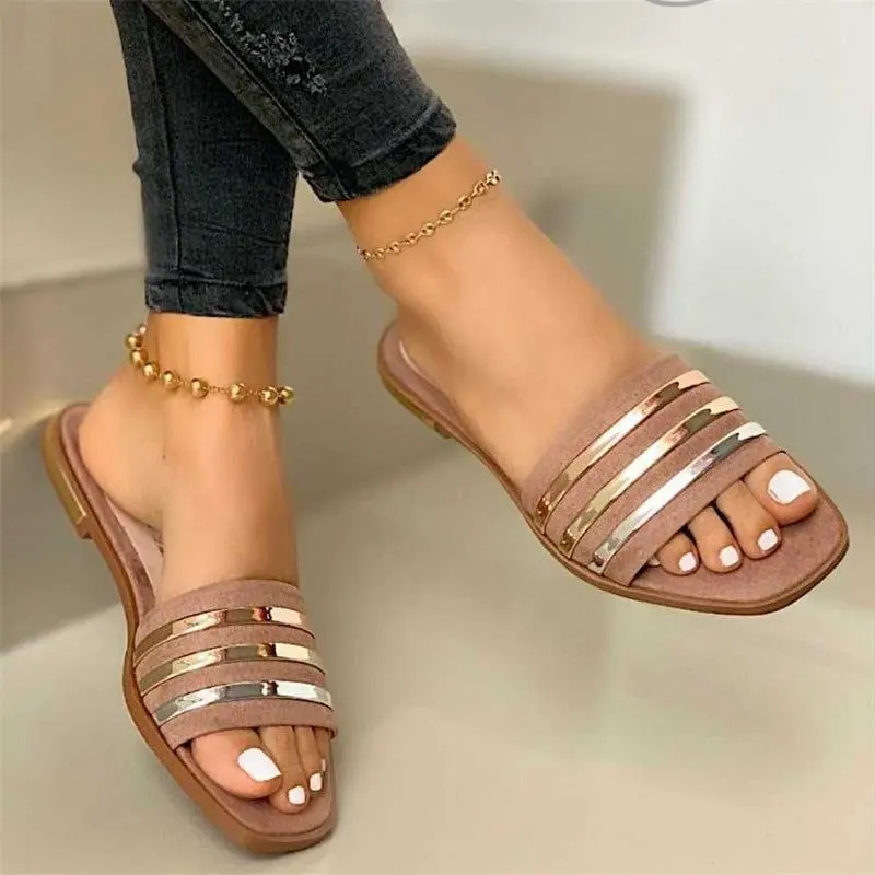 

Shose Women Slipper Hot Sale Plus Size Sandals For Women Summer Three Sequined Flat-Bottomed Slippers For Women Korean