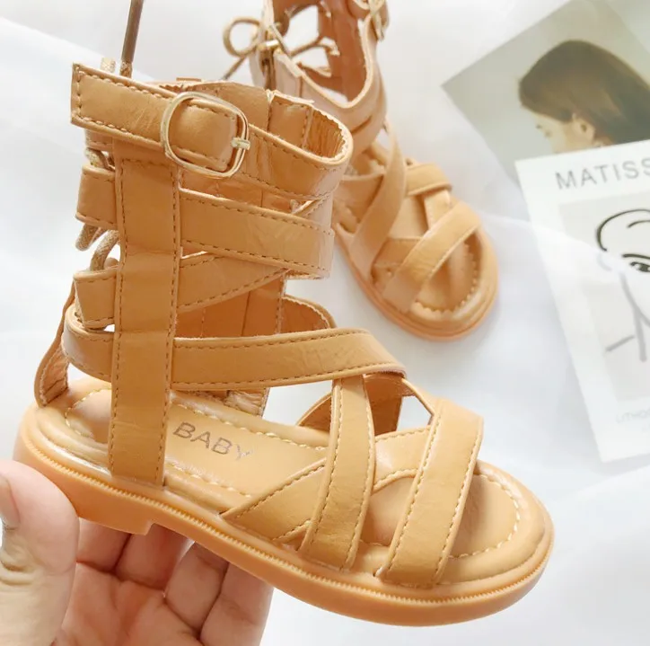 

Girls Kids Sandals princess shoes Hot Selling Solid Color Luxury Cover Leather Custom Light Western roman sandals, White,black,khaki