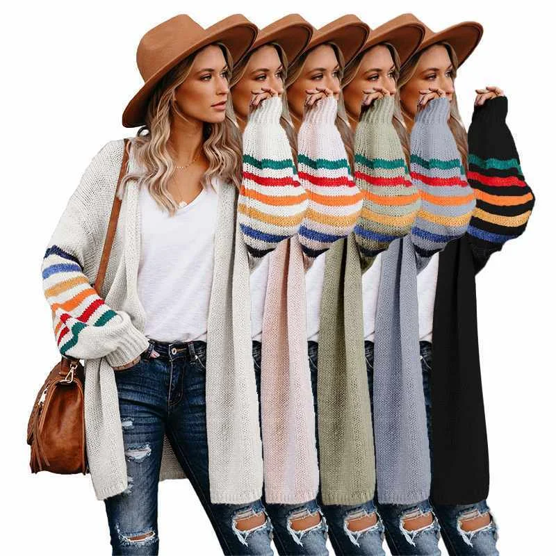 

Wholesale New Fashion White Striped Balloon Sleeve Female Long Cardigan For Women
