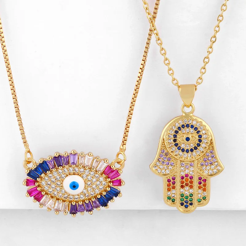 

Ladies 18k Real Gold Jewelry Plated Brass Box Chain with Micro Pave Evil Eye Hamsa Necklace, Gold plated