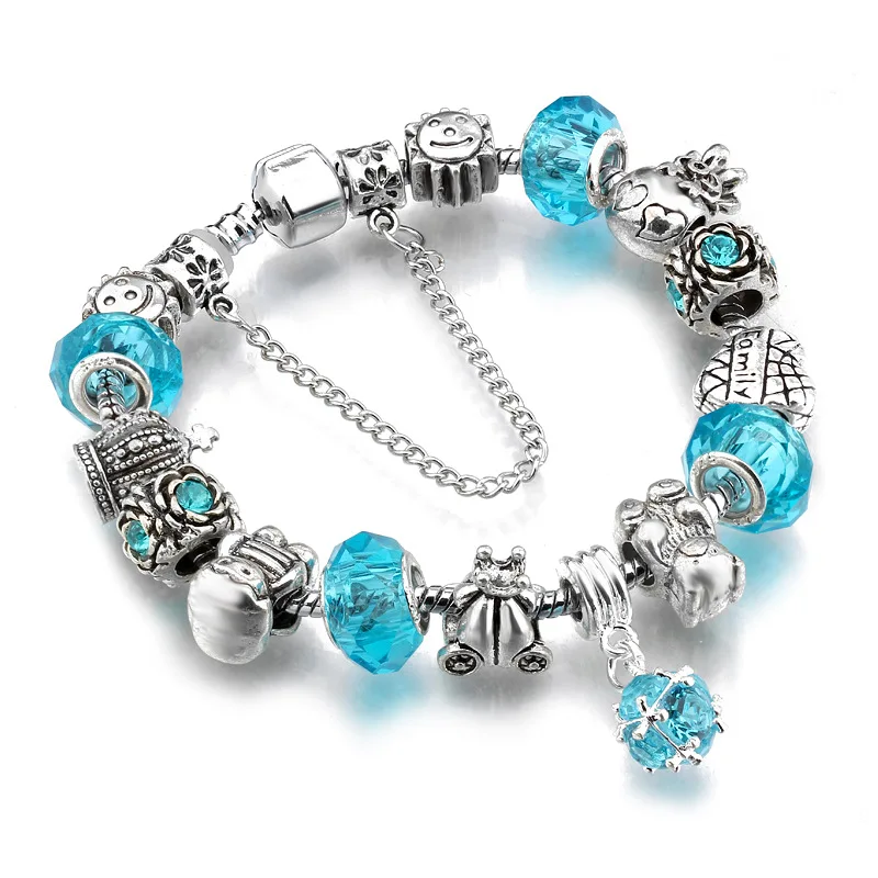 

Women Exquisite Wedding Jewelry Gift Silver Snake Chain DIY Glass Beads Austrian Rhinestone Crystal Beads Charm Bracelet