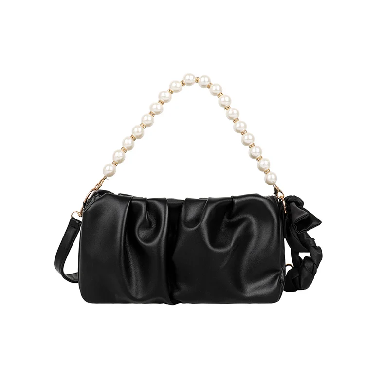 

2021 Ruffle Handbag Fashion Pure Color Woven Pearl Chain Clip Bag Messenger Cloud Fold Underarm Bag, Black,beige,yellow