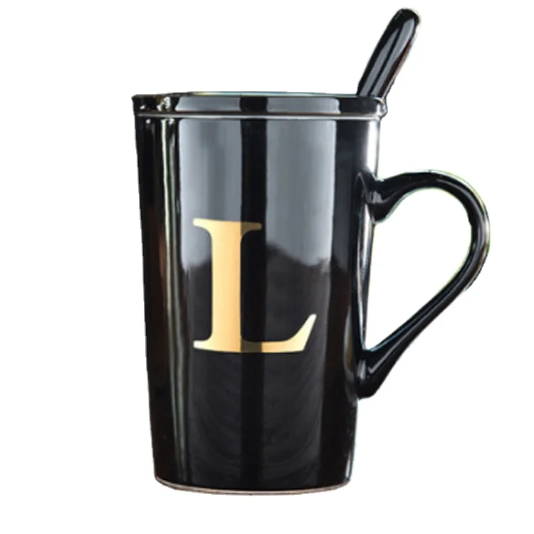 

Creative surname gold alphabet European black white ceramic mug with lid and spoon