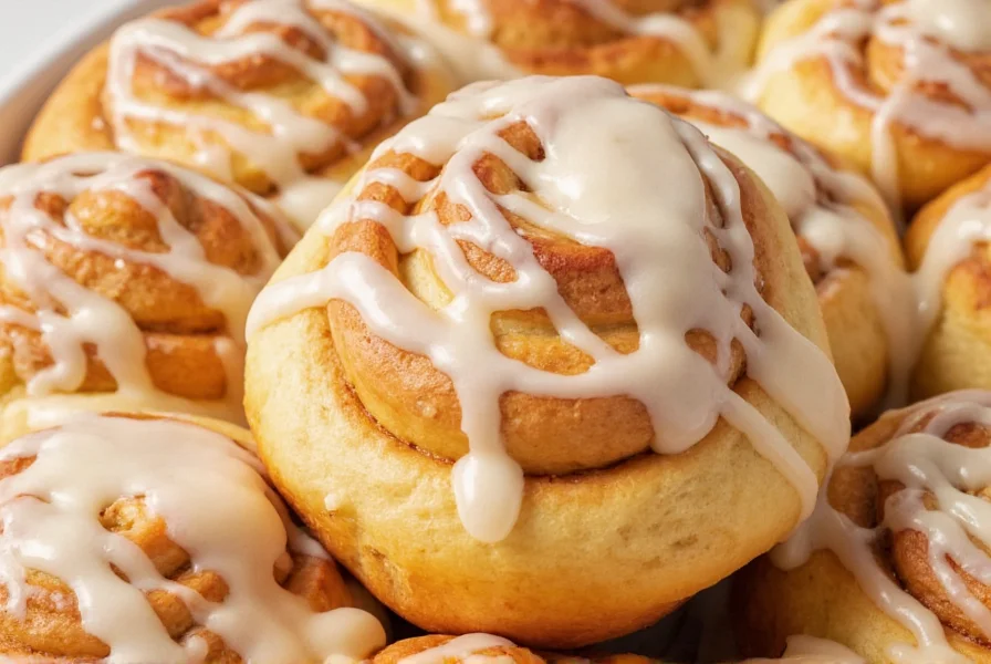 Perfectly golden Pillsbury cinnamon buns with cream cheese glaze drizzled on top, close-up photography showing layered texture