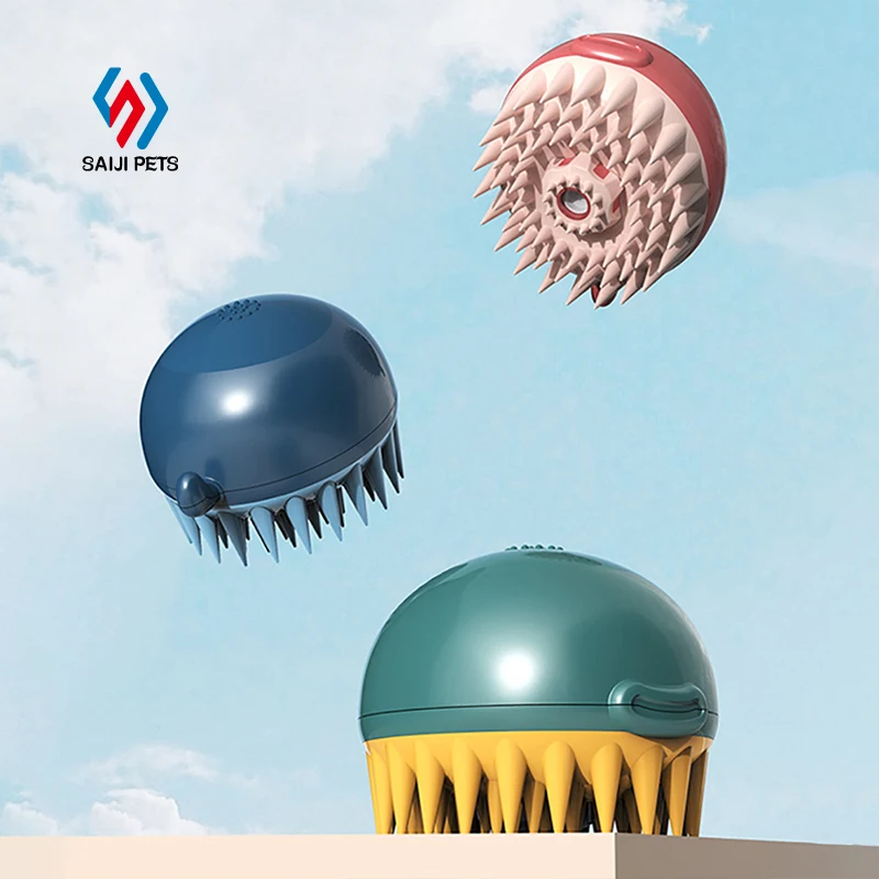 

Saiji new design round head cat cleaning product Puffer fish style pet rubber massage bath brush, Black, red, customized color