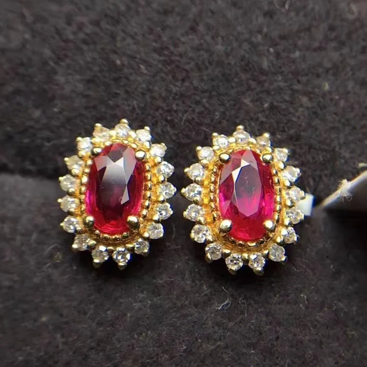 

women vintage classic gemstone jewelry with diamond 18k gold 0.7ct Sri Lanka natural red ruby stud earring