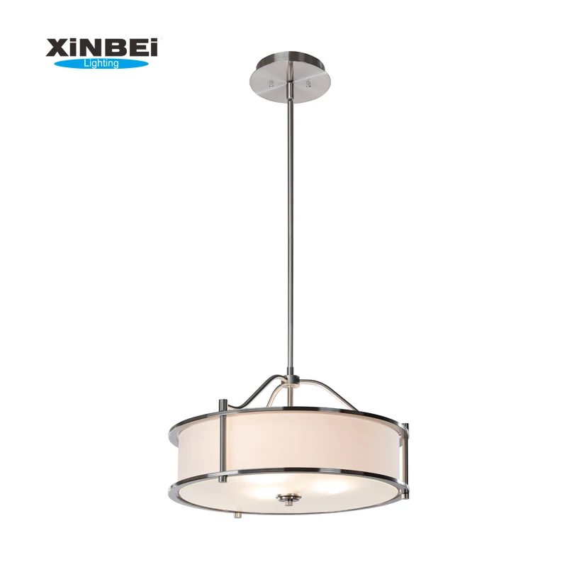 XiNBEi Home Decorative 3 Light Pendant Lighting Brushed Nickel Drum Pendant Light with Fabric Shade