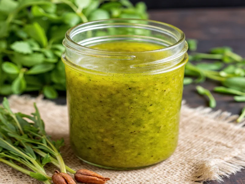 Homemade vinaigrette in mason jar with fresh herbs