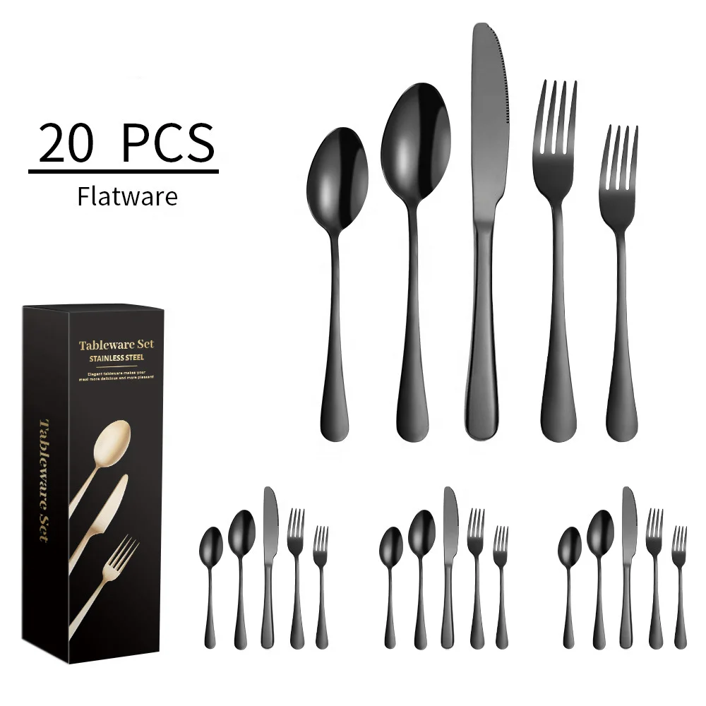 

Factory direct selling 1010 tableware set knife fork spoon and tea spoon 20 pcs S/S 430 tableware set gift box, Blakc