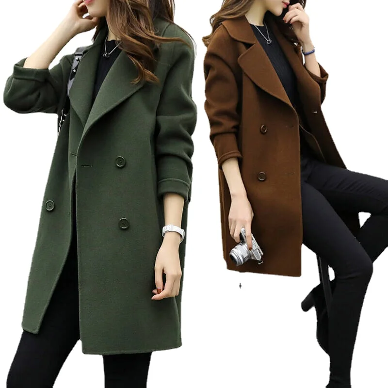 

Wholesale New design autumn winter women girls long sleeve lapel double-breasted button trench coat fashion woolen long coats