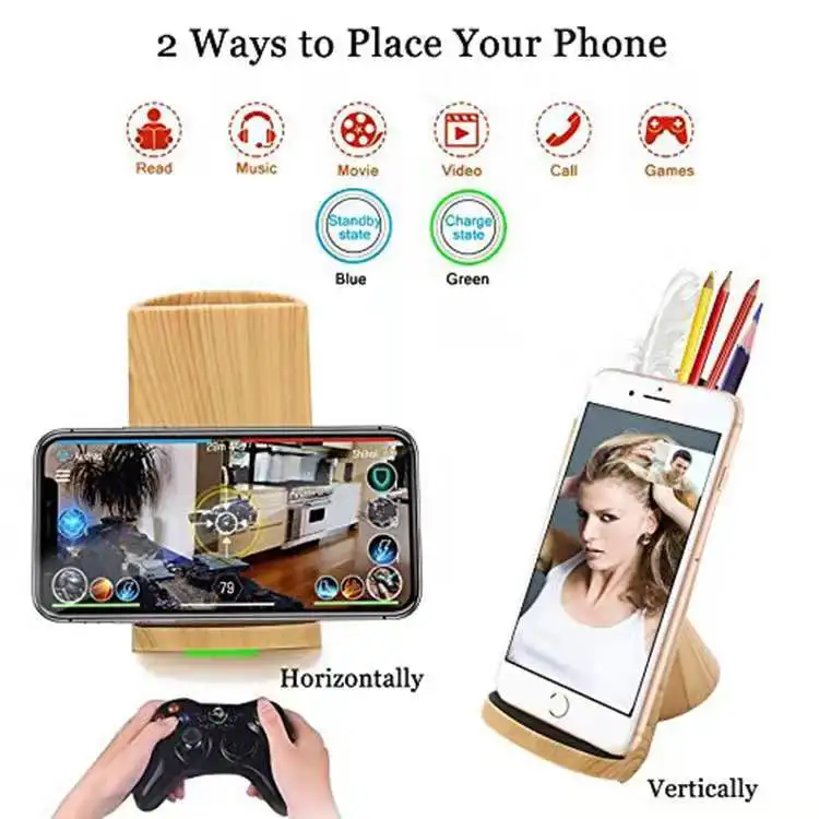 Certified Wood Style Pen Holder Charging For IPhone Sast Desktop Wireless Charger