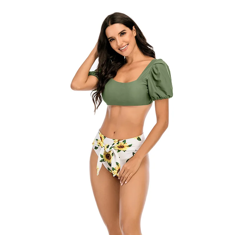

Sexy women swimwear Puff Sleeve Bikini One-Neck Swimsuit High Waist Strap Bikini, As show