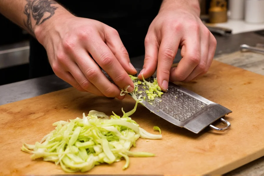 Chef grating fresh wasabi rhizome on sharkskin grater showing proper traditional preparation technique