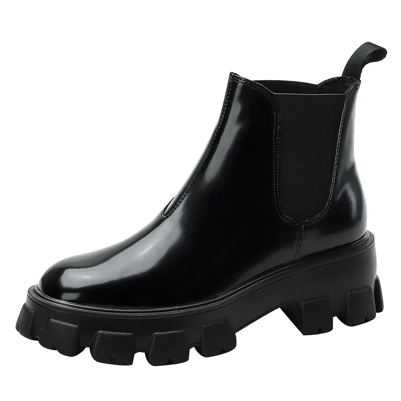 

Women Platform Chelsea Boots Non Slip Thick Sole Matte and Patent Leather Shoes Wedges Fashion Plush Fur Warm 2020 Sexy