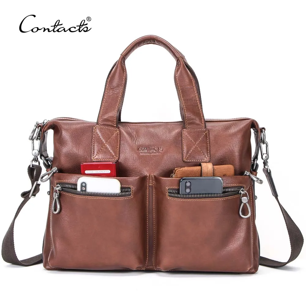 

contact's wholesale vintage fashion lightweight multi compartment pockets genuine leather laptop bag men handbag briefcase, Camel or customized color