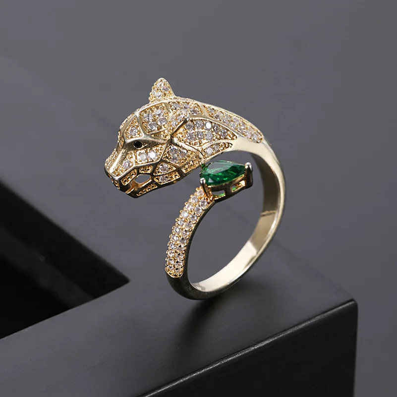 

Gemstone women wedding couple setting leopard head pure gold plated ring