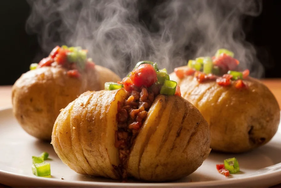 Perfectly baked russet potatoes with steam rising, slit open and ready for chili topping