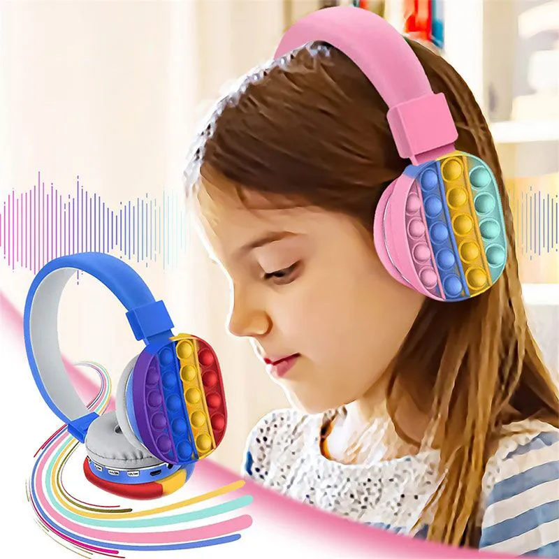

cute kids 3d pops up bubble push pop it headphone wireless stereo headsets silicone fidget unicorn pop it headphone for adults, Rainbow