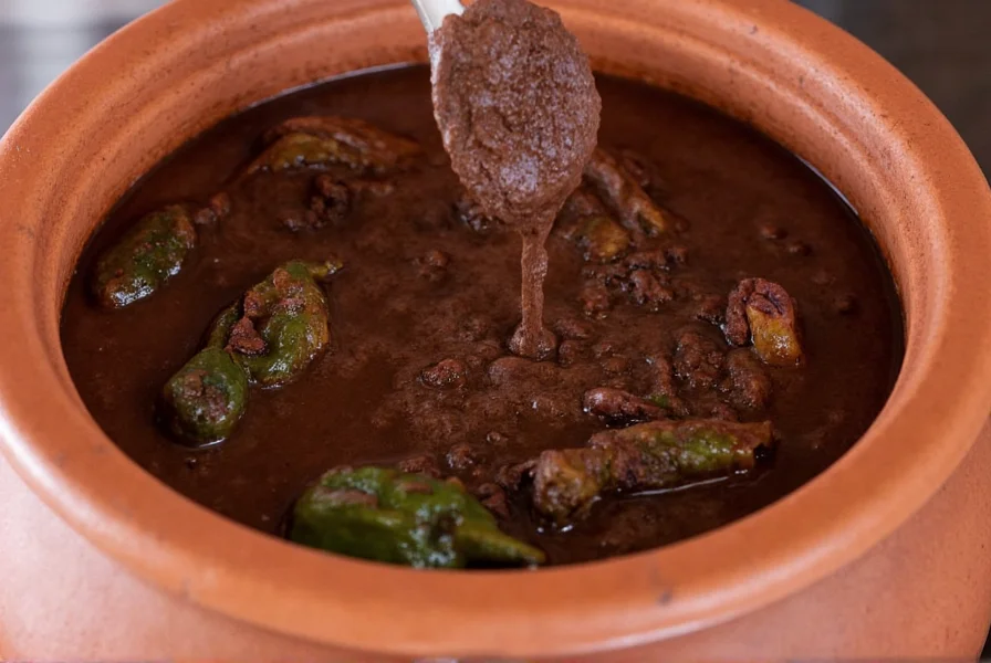 Traditional Mexican mole poblano sauce being prepared in a clay pot with dried ancho peppers, spices, and chocolate