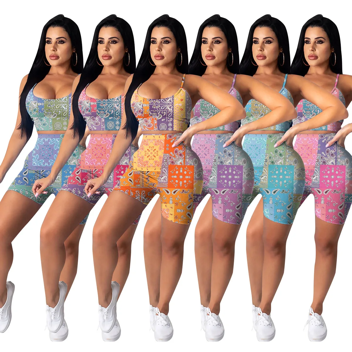 

2021 Best Design Summer Women Fashion Clothing Colorful Print Sports Suit Two Piece Outfits Women 2 Piece Short Set