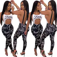 

9S02779 hot onsale sexy woman sling backless letter print bodycon jumpsuit