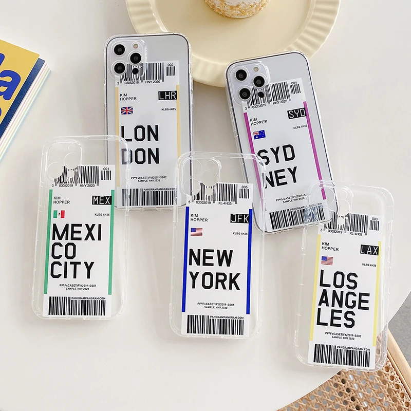 

Creative Boarding Pass Flight World Plane Ticket Barcode Label Cover Clear Phone Case for iPhone 12 11 Pro X XS MAX 7 8 Plus