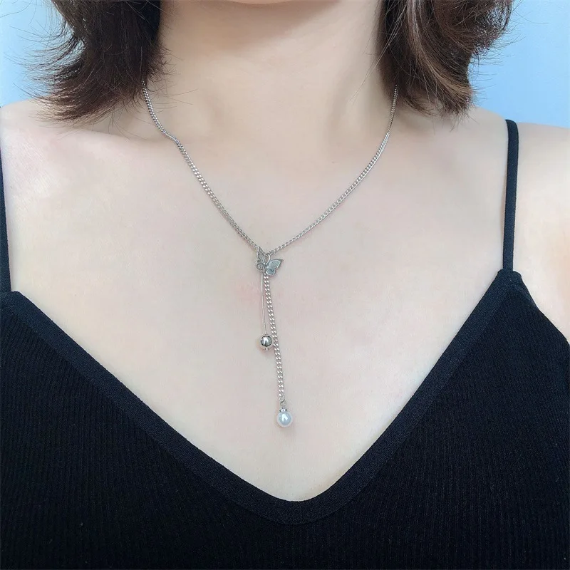 

JuHu S925 Sterling Silver Butterfly Pearl Necklace Female Korean Version Of The Net Red Simple Tassel Clavicle Chain Necklace, As shown in the figure