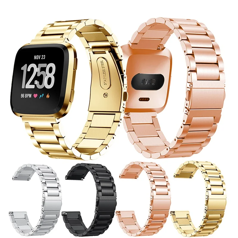 

3 Links Stainless Steel Folding Buckle Strap Metal Wristband Loop For Fitbit Versa Smart Watch Band, 7 colors