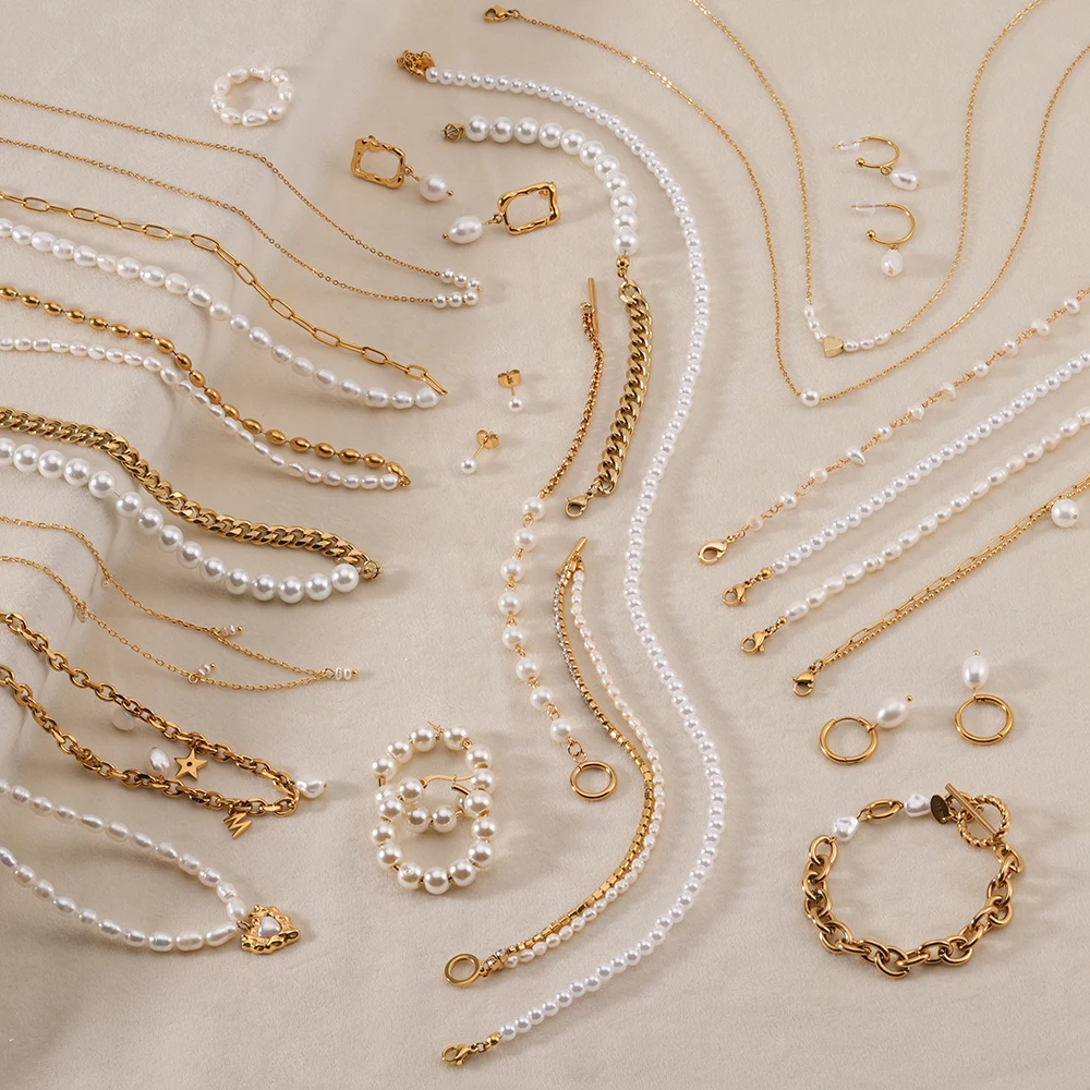 

In Stock Gold Plated Stainless Steel Fresh Water Jewelry Women Freshwater Pearl Bracelet Necklace And Earring Set Jewelry