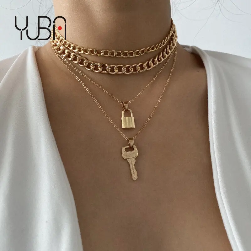 

Punk Gothic Padlock Choker geometric Necklace Collar Statement Gold Lock key Pendant Long Chain Necklace for Women Jewelry