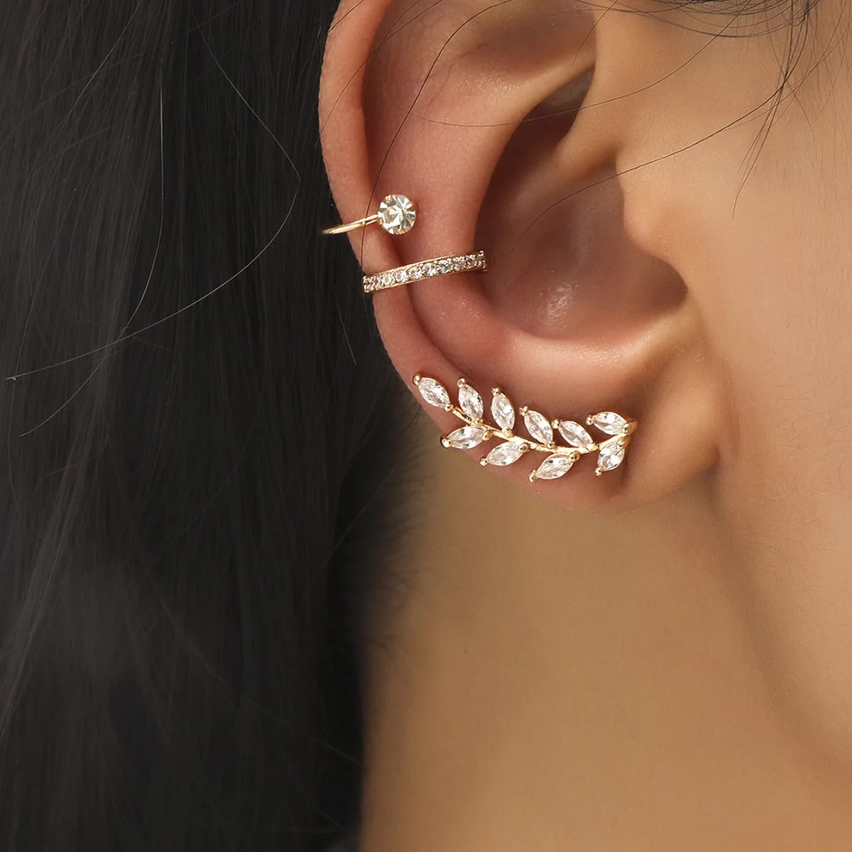 

New and unique design diamond ear clip leaf pearl no pierced earrings set, 3 colors