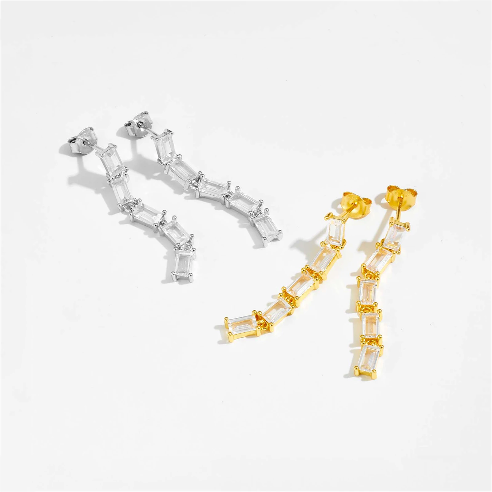 FUAMAY Custom 18K Gold Plated Drop Baguette Tennis Earrings 925 Solid Silver Long  35mm Baguette  Tassel  Chain Earrings