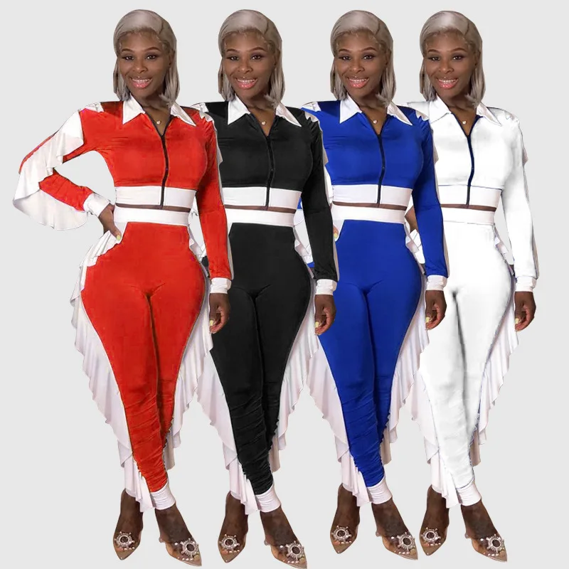 

2022 autumn and winter new color matching ruffled sexy women's fashion casual sports zipper suit sportswear ladies 2 piece set, 3 colors