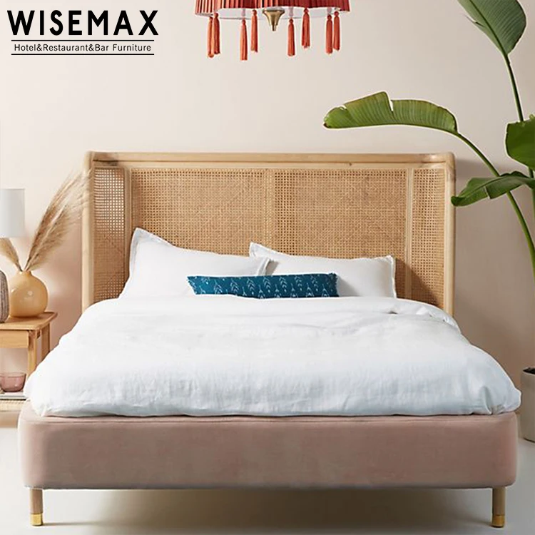 
Wholesale Simple Rattan Headboard Bed Design Hotel HomeStay Pink Velvet Bed Frame Queen Double Wooden Bed 