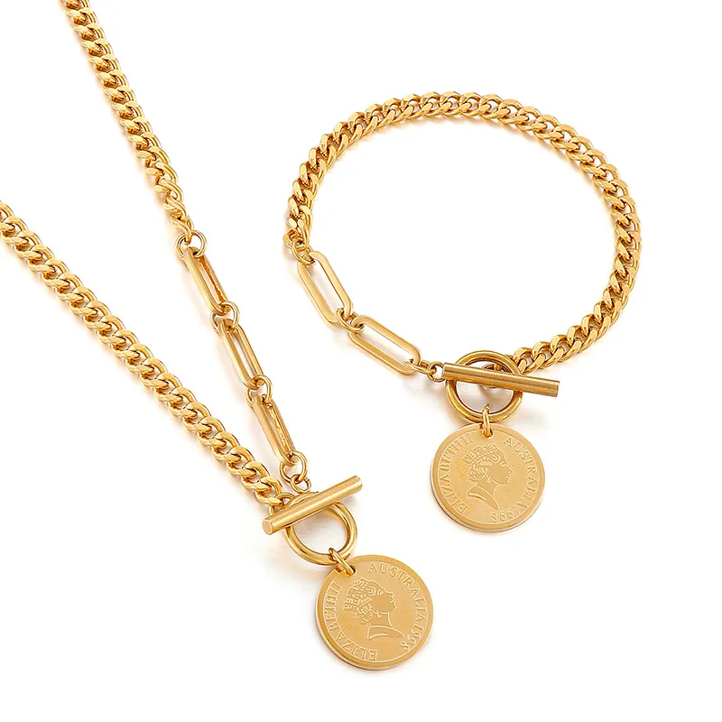 

Kalen 2021 Fashion Women Jewelry Set Link Chain OT Button Round Pendants Bracelet Necklace 18K Gold Plated Stainless Steel Sets