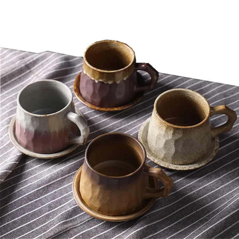 

Seaygift japanese vintage coarse clay ceramic coffee cups and saucer gift set afternoon coffee tea porcelain mugs, Black/pink/blue