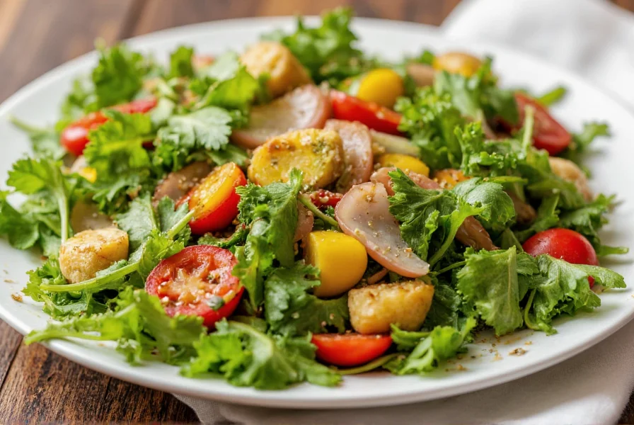Vibrant green salad with colorful vegetables tossed in fresh ginger dressing