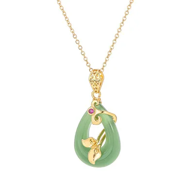 

Lotus Oval Safe Buckle Titanium Steel Necklace 18k gold Non Tarnish Jewelry Clavicle Chain Green White Jade Pendant Necklace