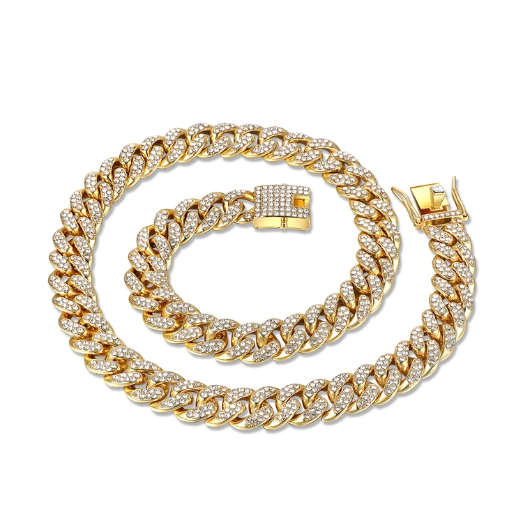 European Hot Selling Punk Hips Hops Urban Jewelry 12mm Crystal Iced CZ Miami Chunky Curb Cuban Link Chain Necklace Wholesale