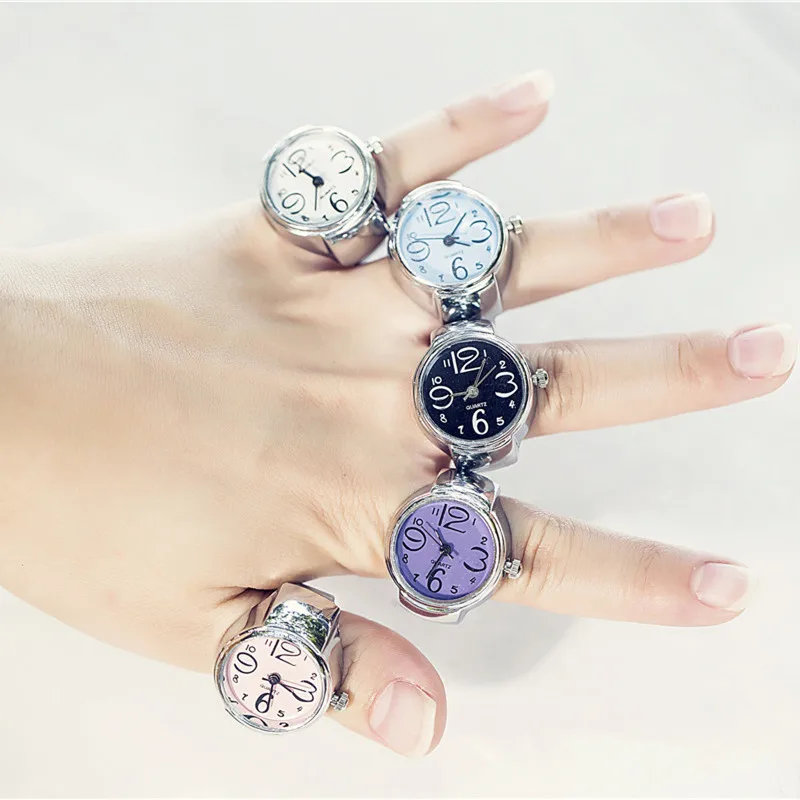 

Finger Ring Watch Women/Girl Sleek Steel Round Dial Elastic Quartz Finger Ring With Watch Female Ring Mini Size Gift for Student