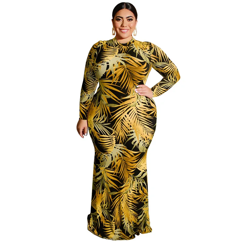 

Plus Size Full Sleeve Plant Print Pacific island Dress For Women