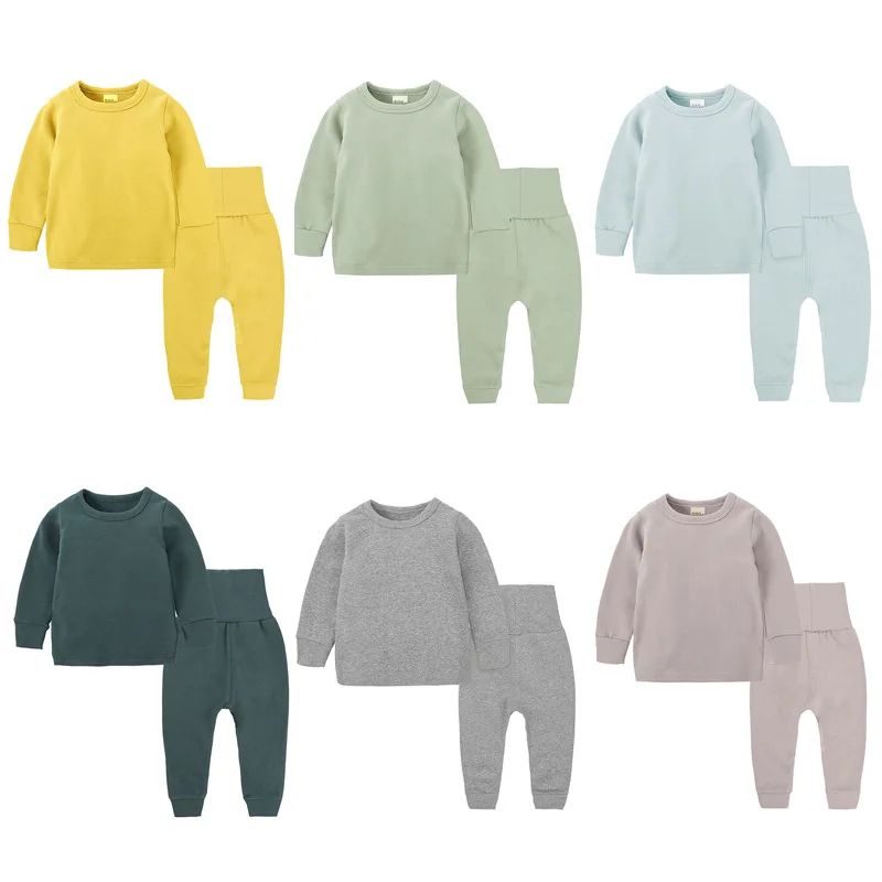 

Custom Children Plain Color Ribbed Cotton High Quality Kids Blank Sleepwear Pajama Sets