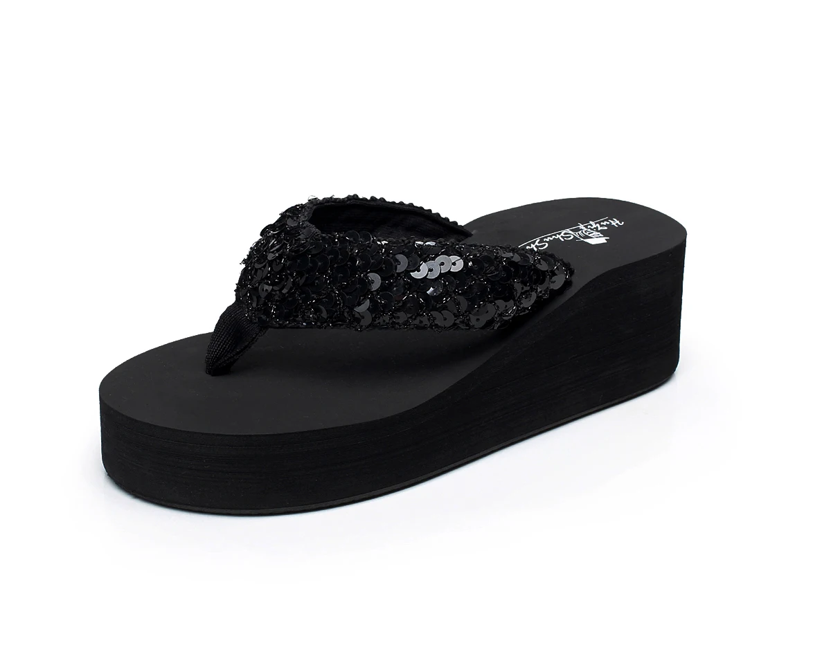 

Women wholesale shiny sequins high quality wedge ladies flip flops