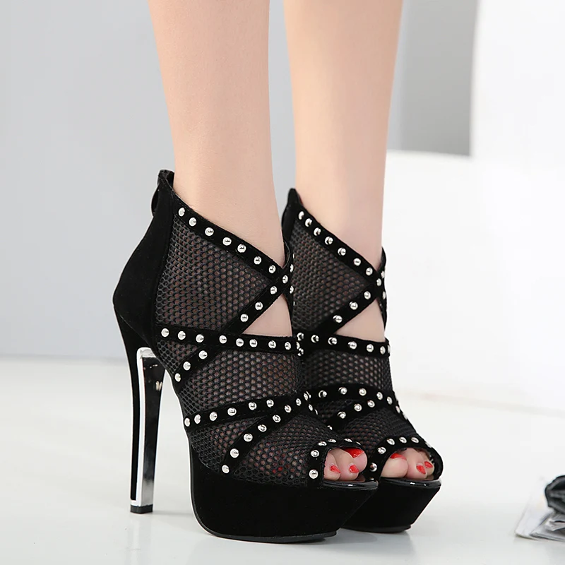 

Mesh Eye high heels 14cm Stiletto sandals hollow out women shoes Peep-toe pumps Fashion sexy Party club rivet heels for ladies