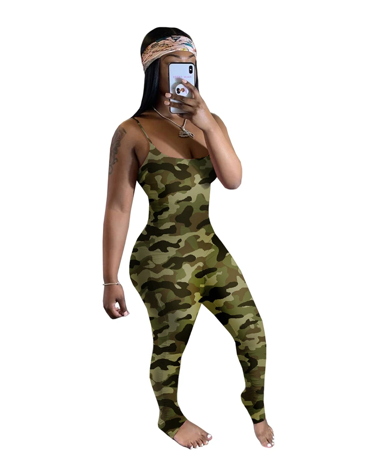 2020 Summer Sexy Ladies Strap Rompers Bodycon Stretchy Wrinkle Camouflage Print Plus Size Women One Piece Jumpsuits