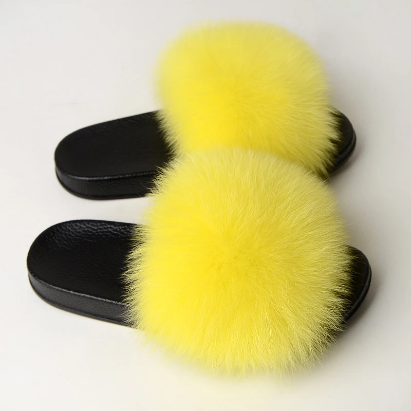 

2021 Unique style new fashion real fox fur solid color slippers for women babouche femme fur slippers open toe
