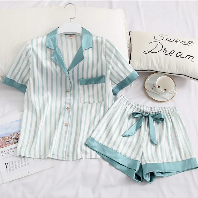 

Women's Silk Shorts Short Sleeve Cardigan Shirts Lapel Home Service Set Nightdress Sleep Shirts And Shorts Set Striped Pajamas