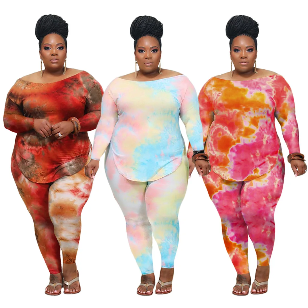 

F21478A hot sale xl-4xl Plus-size women's casual tie-dye printed long sleeve pantsuit women set, Pink, orange, yellow