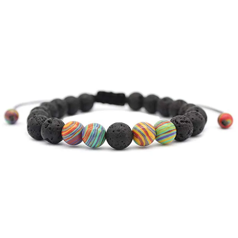 

Yoga Prayer Chakra Jewelry Adjustable Natural Lava Stone Bracelet Colorful Striped Malachite Bracelet, As picture show